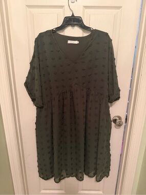 Olive Swiss Dot V-Neck Midi Dress